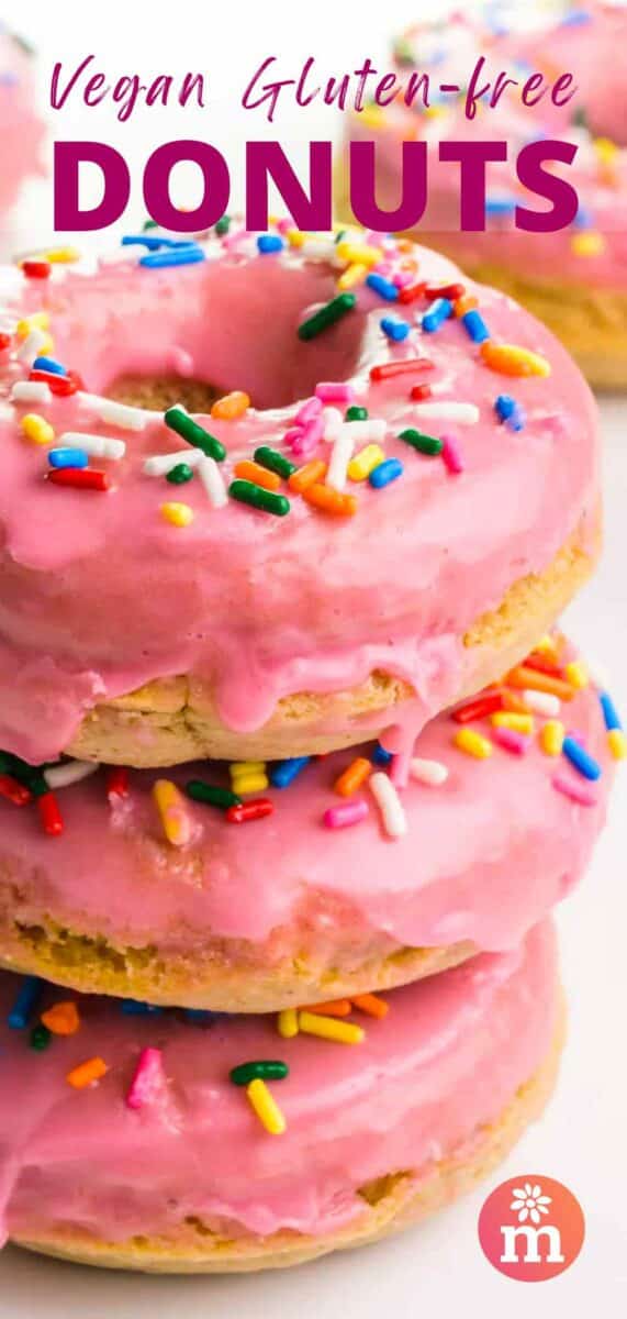 A stack of donuts with pink icing has this text above it, Vegan Gluten-Free Donuts.