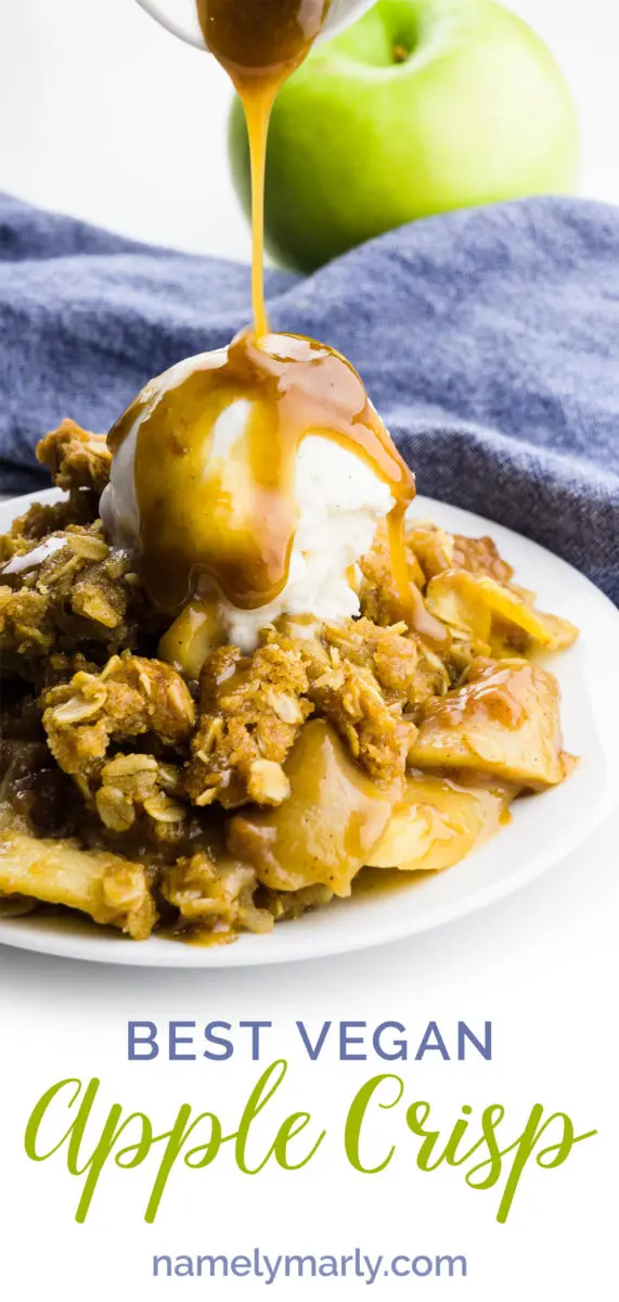 A photo of apple crisp with ice cream on top and caramel being drizzled has this text at the bottom: Best Vegan Apple Crisp.
